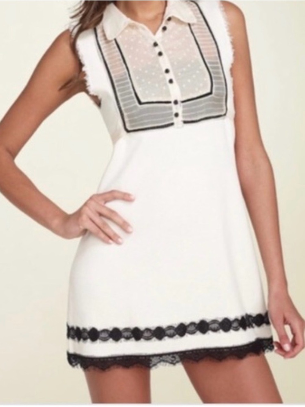 Sleeveless White Dress with Black Lace Trim Check the front for a small stain.